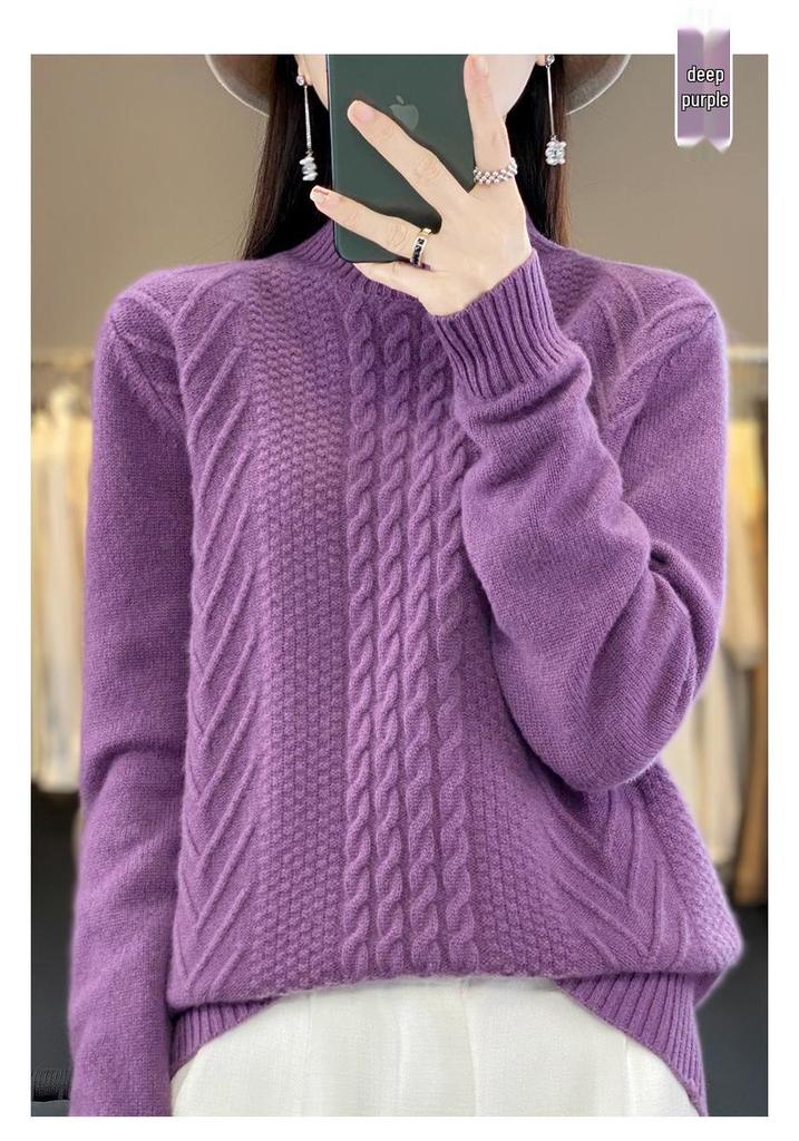 Women's High-Neck Wool Sweater: Autumn/Winter Loose Fit Cable Knit Base Layer, Thickened and Stylish.