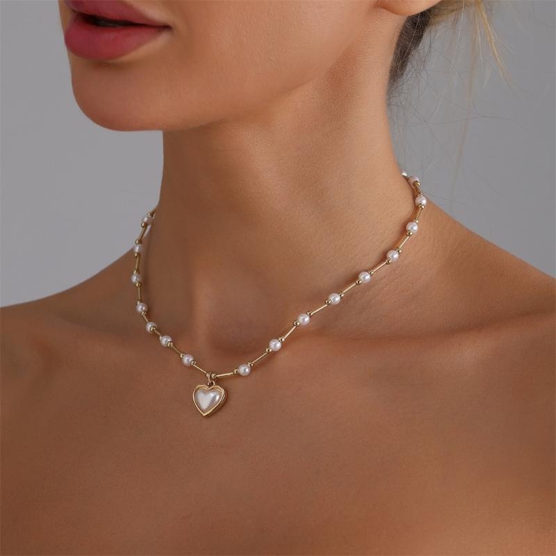 Stylish Heart Pearls Pendant Necklace Adjustable Chain Sweet Cool Fashionable Versatile Neckchain Jewelry Accessory