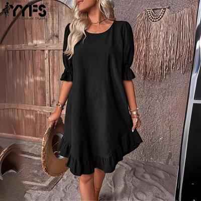 Women's Fashion Summer Spring Solid Color Print Short Sleeve O-Neck Loose Waistline Casual Dresses