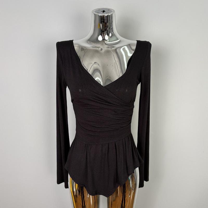 Korean Style Women s Sexy V-neck Pleated Long Sleeve Slim Fit Top One Size