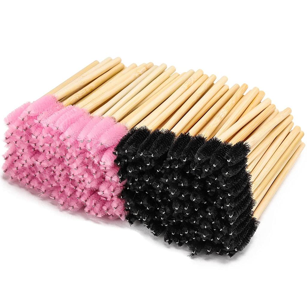 Wholesales Eco Mascara Eyelash Brushes Applicators with Bamboo Handles Biodegradable Pink Black Brown Lash Spoolies 50pcs/bag