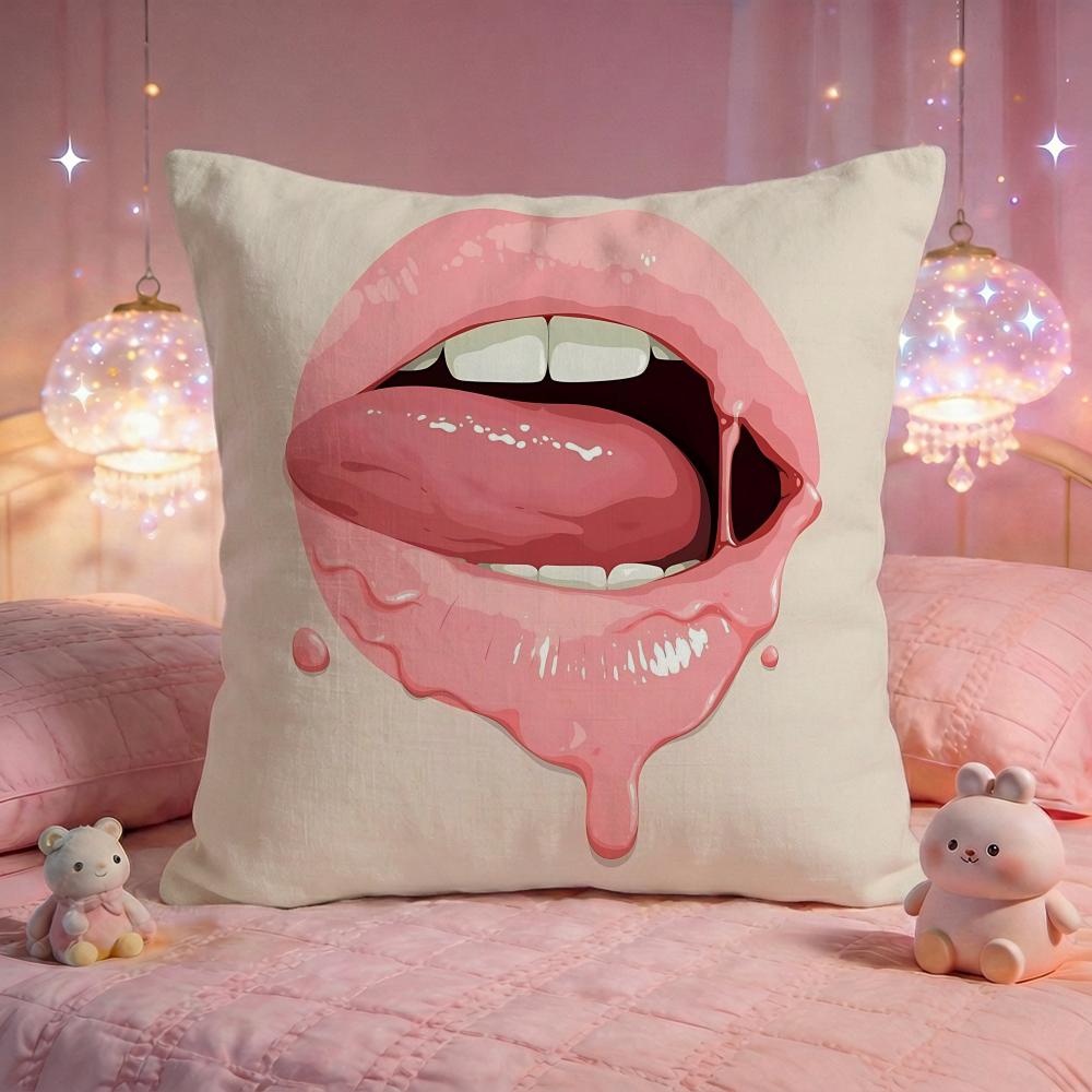 Glossy Red Lips Art Cushion Cover Premium Comfort Reversible Pillow Cove Two In One Design for Any Room  Car Interior