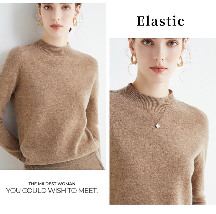 Women's Slim-Fit Autumn Sweater: Fashionable Half-High Neck, Versatile Pure Wool for Base Layer or Outerwear, Skin-Friendly