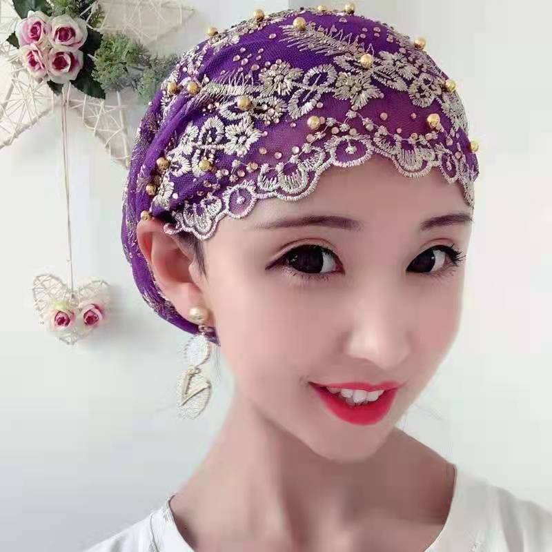 2022 New Design Spring Muslim Gauze Towel New National Style Head Scarf Lady Hat Cap Gold Silk Embroidered Nail Bead Hat