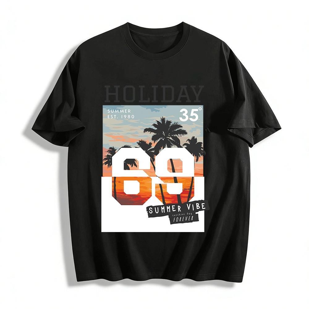 

Summer Holiday Coconut Tree Print Short Sleeve Casual Vacation Top Pure cotton T-shirt XXS