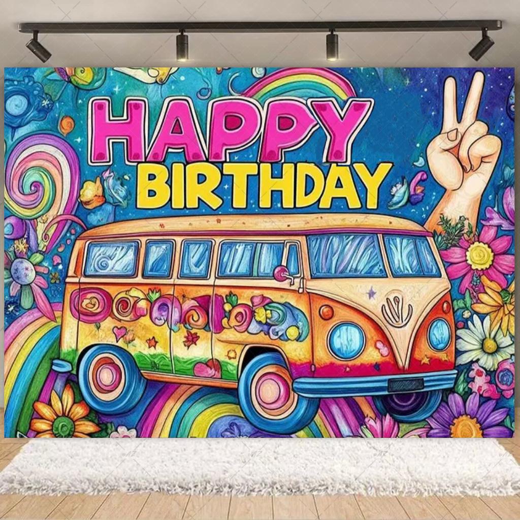 Stile Bohémien Colorato Hippie Bus Tema Sfondo per Compleanno Pace E Amore Decorazioni per Feste Stampa Tie Dye Sfondo in Vinile Regali