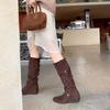 Cowhide version Uncle Zhou's height increased 6cm knight boots women's cross buckle pleated long boots slim medium boots