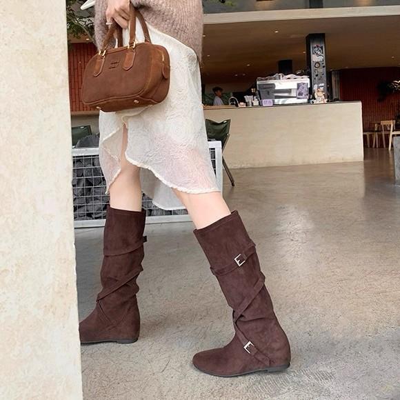 Cowhide version Uncle Zhou's height increased 6cm knight boots women's cross buckle pleated long boots slim medium boots