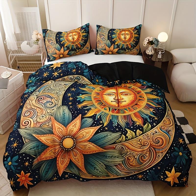 3pcs Duvet Cover Set, 1 Duvet + 2 Pillowcases (No Inserts), Home & College High-Definition Printed Sun Moon Floral Design