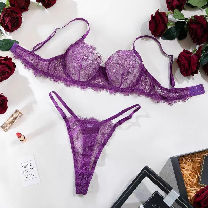 

Ultra-thin sexy lace bra, crystal cup underwear, large breasts are small, no sponge with steel ring, and small breasts are gathered. M фиолетовый
