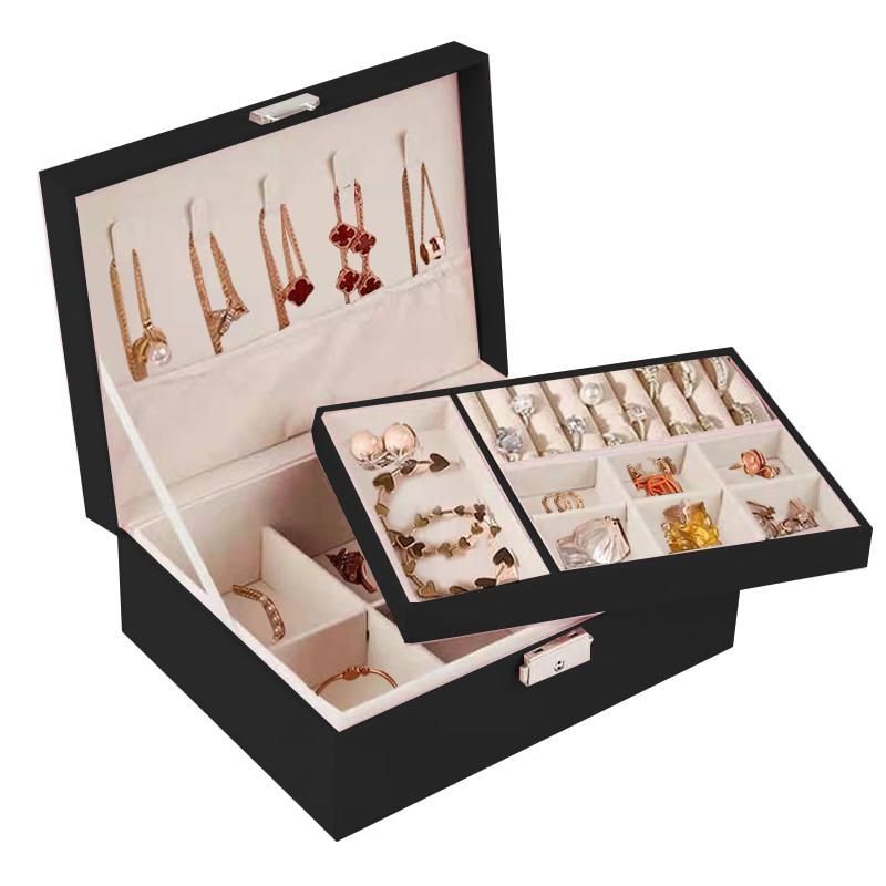 

Portable Jewelry Organizer Box PU Leather Double Layer Case For Earrings Necklaces Rings Travel Friendly Storage Gift For Women чёрный