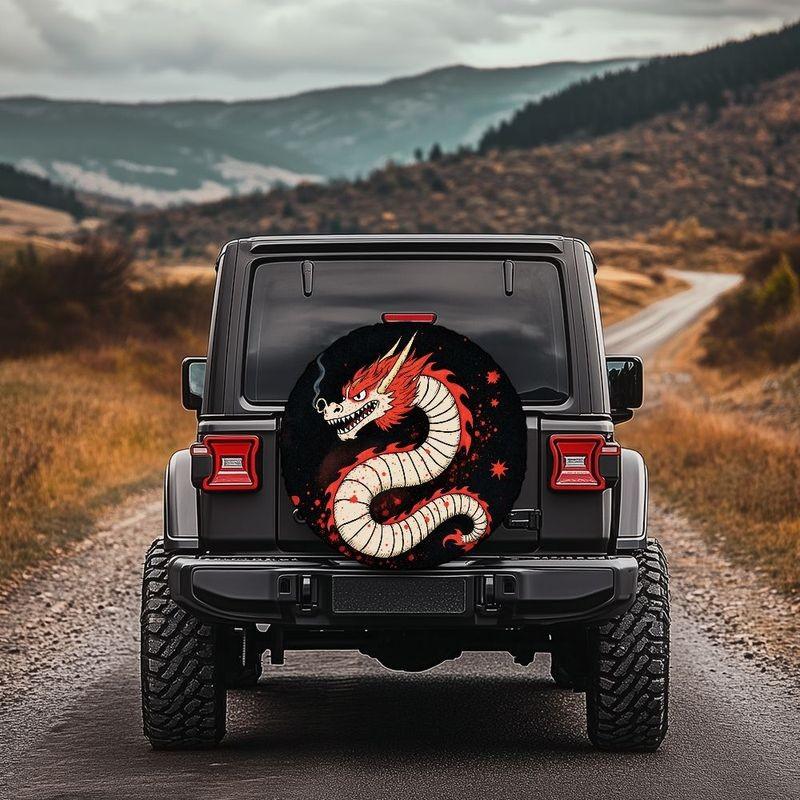 Red Cartoon Dragon Spare Tire Cover Universal Fit Polyester Fiber Decorative Protector