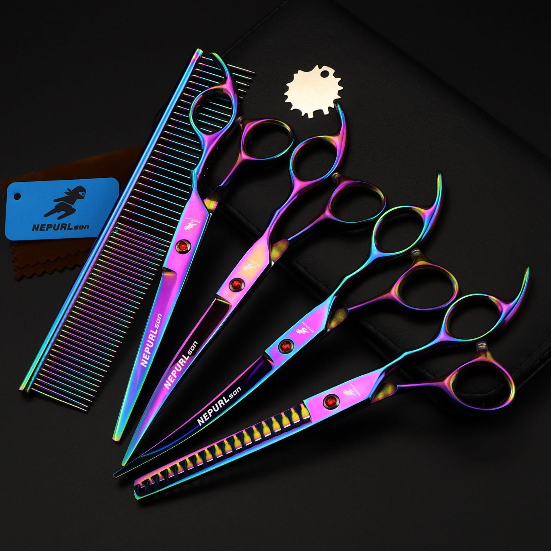 7-Inch Colorful 4-Piece Pet Grooming Scissors Set: Straight, Curved & Fine-Tooth Serrated Scissors