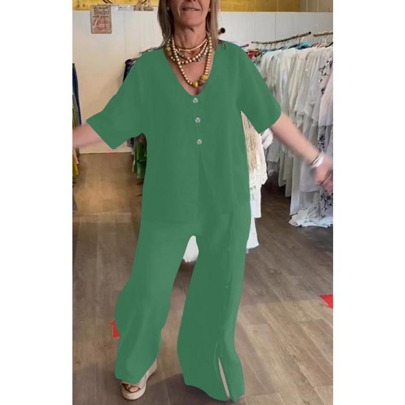 

Летние женские костюмы и комплекты, модные однотонные повседневные брюки с короткими рукавами и разрезами на пуговицах из хлопка и льна XXXL зелёный