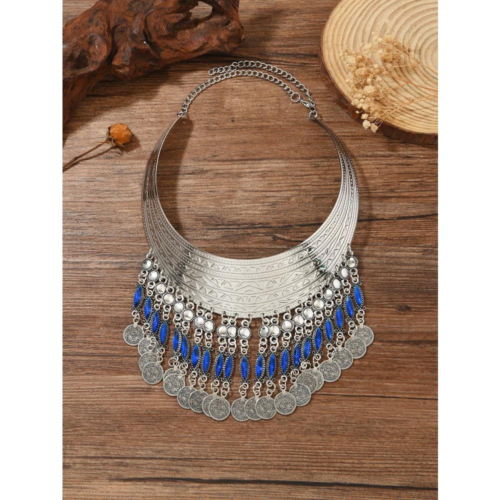 Multi-layer Tassel Inlaid with Diamonds Exaggerated Ethnic Style Pattern Collar Collar