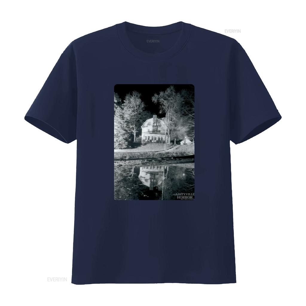 Amityville Horror Classic Black T Shirt for Adults Spooky Nighttime House Print Design Vintage Washed Unisex Designer Clothes