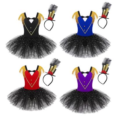 Mädchen Halloween Ärmelloses Quasten Tanz Zirkusdompteur Kleid mit Steampunk Zylinder Cosplay Kostüme