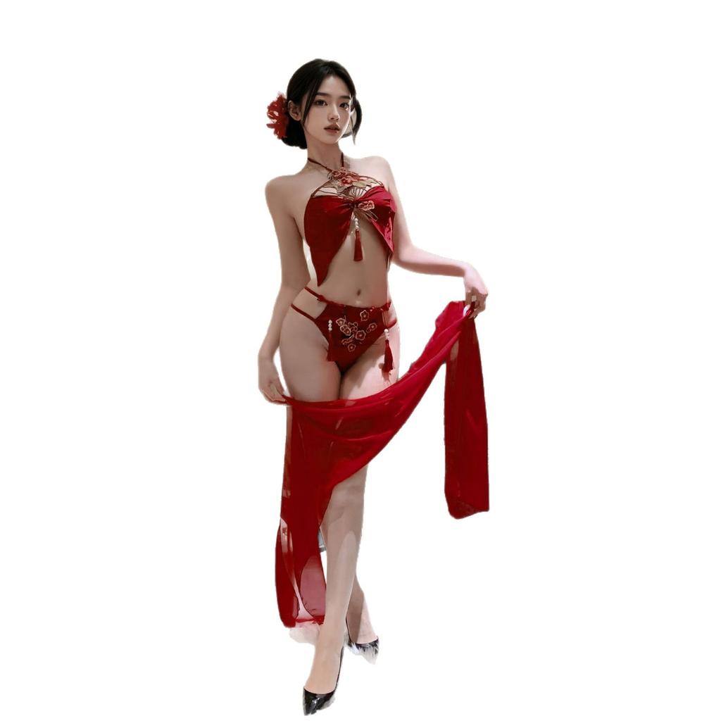 Pure National Style Hanfu Empty Neck Fringed Belly Pocket Sexy Underwear Hot Temptation Belly Pocket Peony Embroidery Set