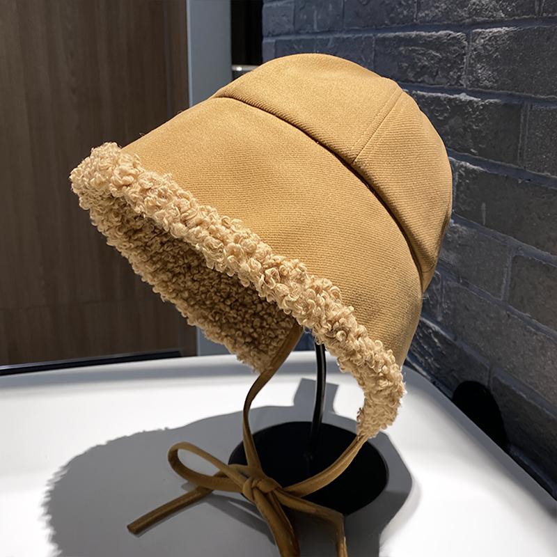 1PC Faux Shearling Warm Windproof Fashion Face Slimming Thickened Plush All-Match Bucket Hat Korean Women Winter 57.5cm
