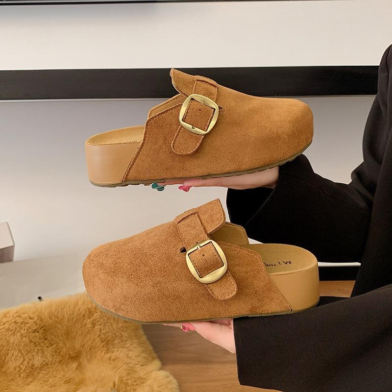 Leather thick-bottomed cool slippers spring and summer new retro casual flat-bottomed bag head half slippers women