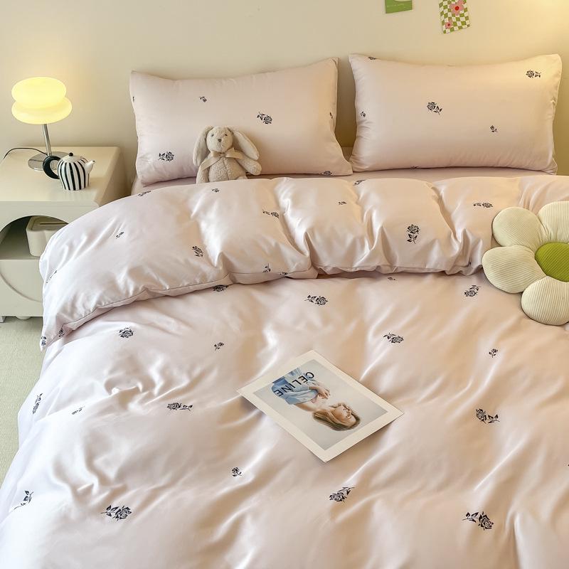 Summer Fresh Ice Silk 4-Piece Set: Student Duvet Cover, Bed Skirt, Simple Print