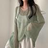 Spring Summer Long Sleeved Knitted Sunscreen Shirt See Through Retro Casual Simple Loose Hollow Out Thin Blouse V Neck Solid Color Top Clothing