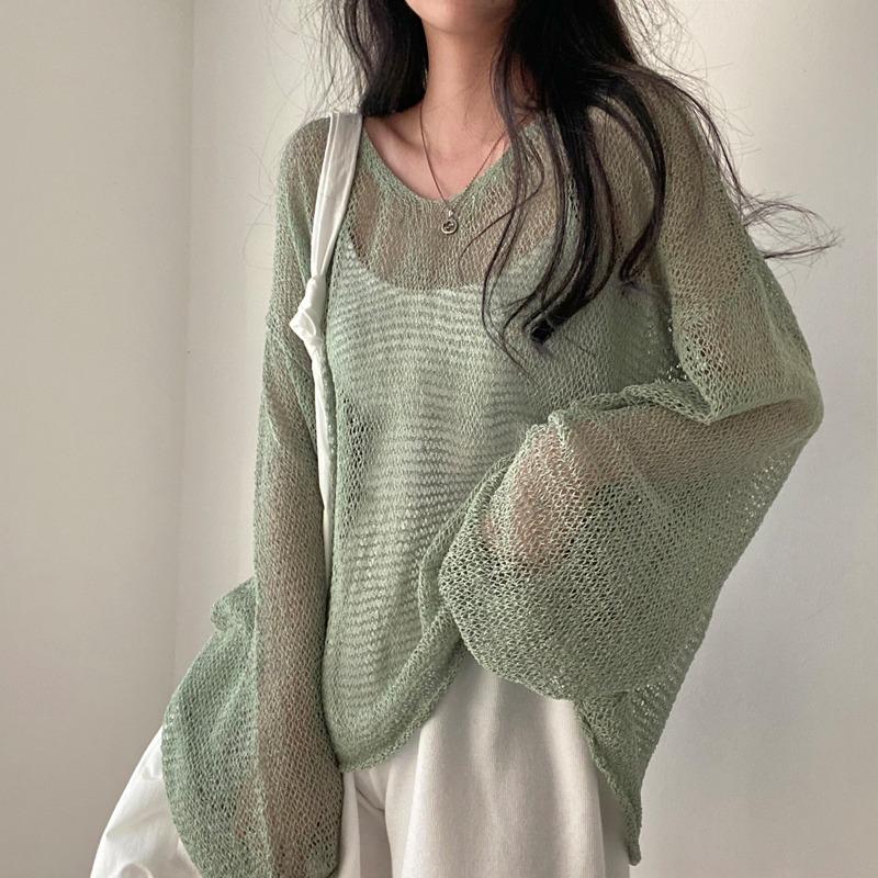 Spring Summer Long Sleeved Knitted Sunscreen Shirt See Through Retro Casual Simple Loose Hollow Out Thin Blouse V Neck Solid Color Top Clothing