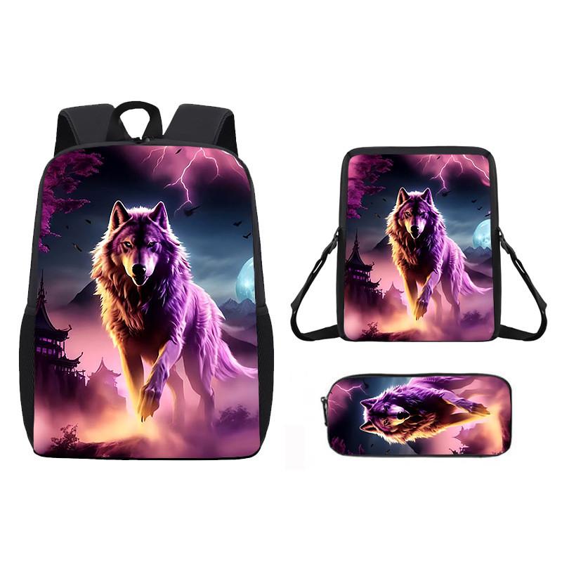 Pattern Animal Wolf Backpack Kids Shoulder Bag Pencil Case Student Use School