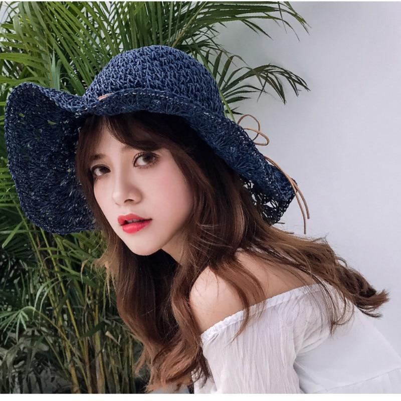 

Женская летняя большая соломенная шляпа, пляжная шляпа от солнца, женская модная пляжная шляпа темно-синий