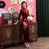 2025 Velvet Rhinestone Embroidered Cheongsam with Slim Fit and Three-Quarter Sleeves