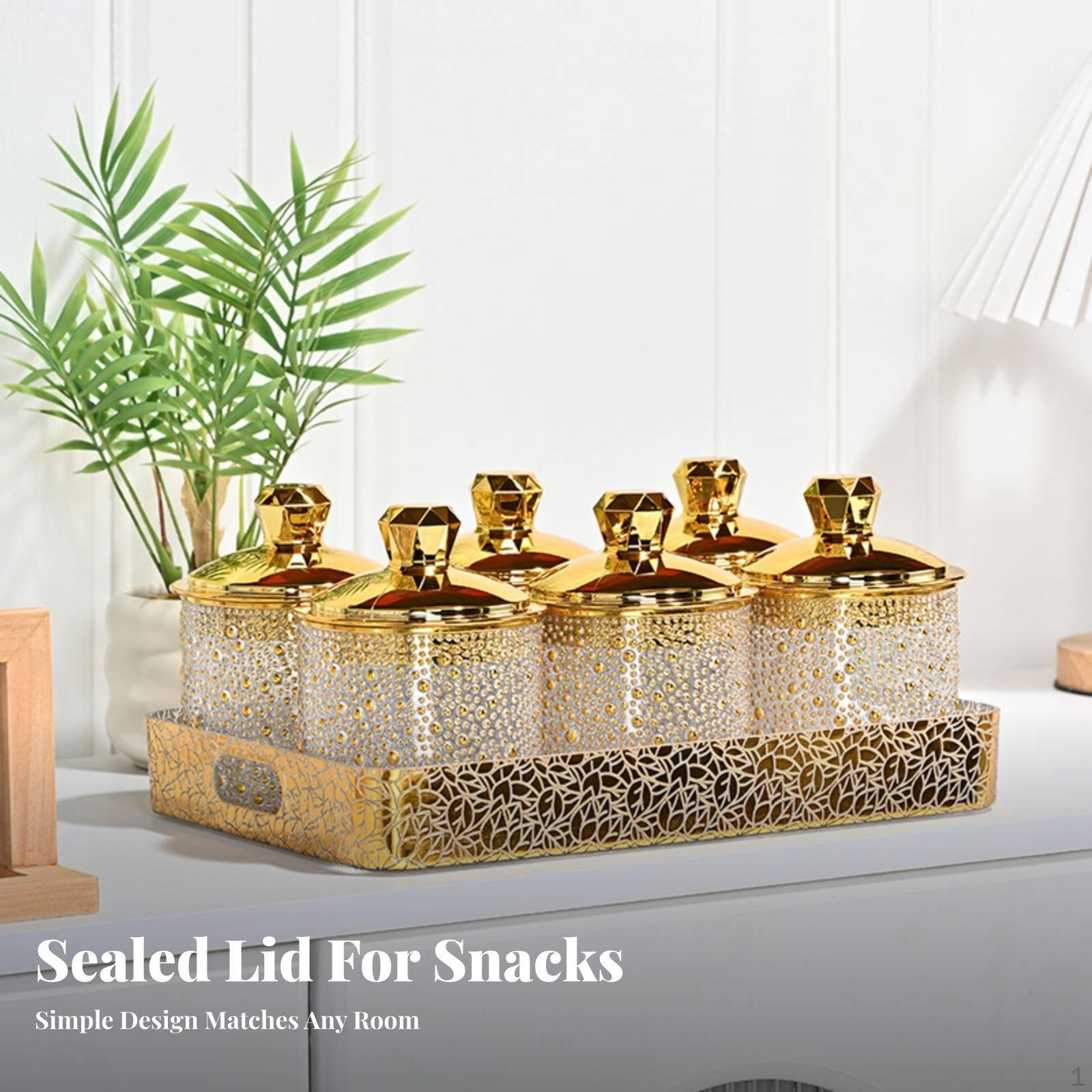 Food Storage Jar Transparent Gold Organizer Space Saving with Tray Sturdy Accessories for Tea Snacks