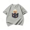 Kids Cotton T Shirt Lovely Pocket Golden Retriever Puppy Dog Print Crew Neck Short Sleeve Tee Breathable Boys Girls Summer Tops