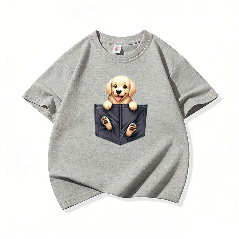 Kids Cotton T Shirt Lovely Pocket Golden Retriever Puppy Dog Print Crew Neck Short Sleeve Tee Breathable Boys Girls Summer Tops