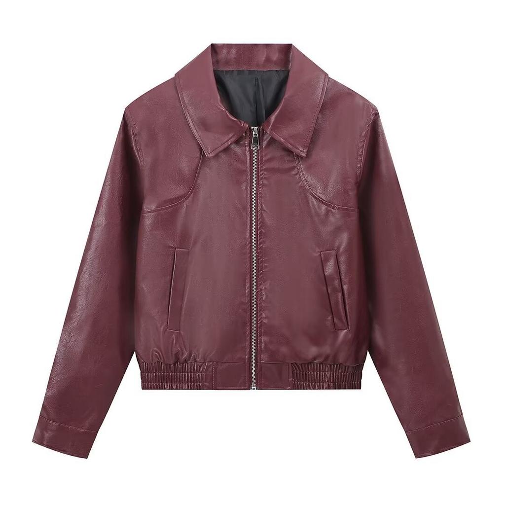 2024 European and American cross-border autumn and winter fashion women's commuter jacket lapel long-sleeved zipper leather jacket short jacket