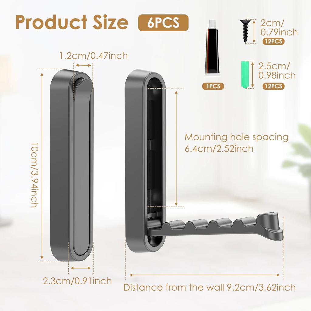 6Pcs Metal Foldable Wall Hook Wall Mounted Coat Hat Clothes hanger Hook for home Bedroom Self-Adhesive wall hook with Screws