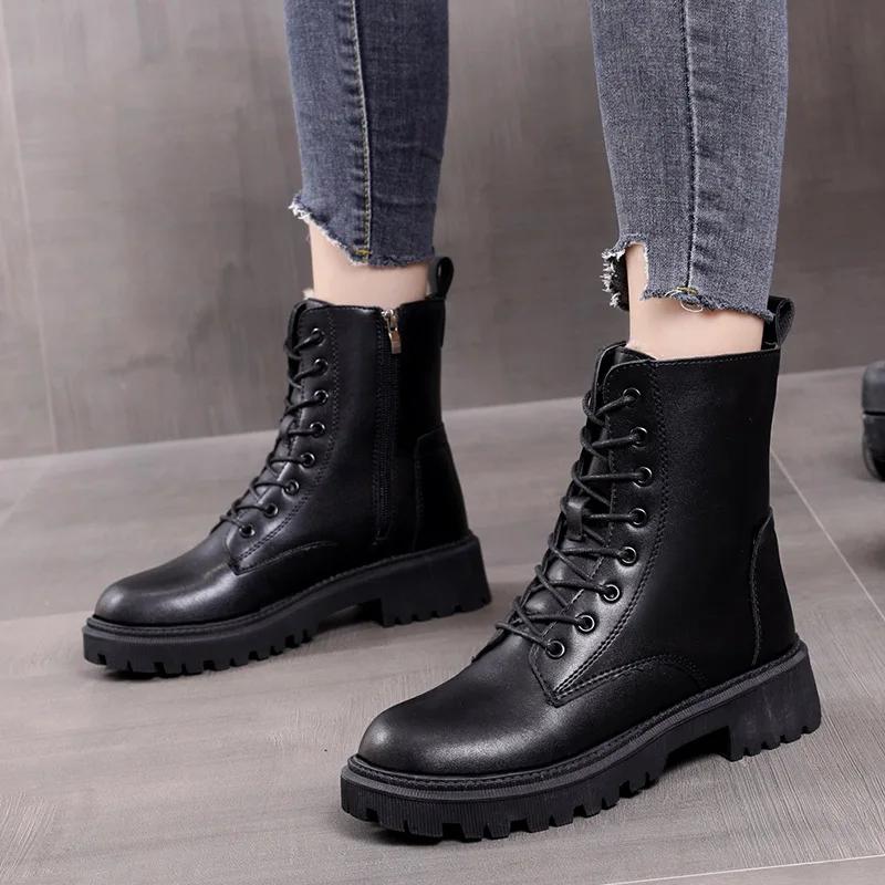 Waterproof Winter Snow Boots Women  Plus Velvet Thick Cotton Women Shoes Black Leather Warm Platform Women's Ankle Boots