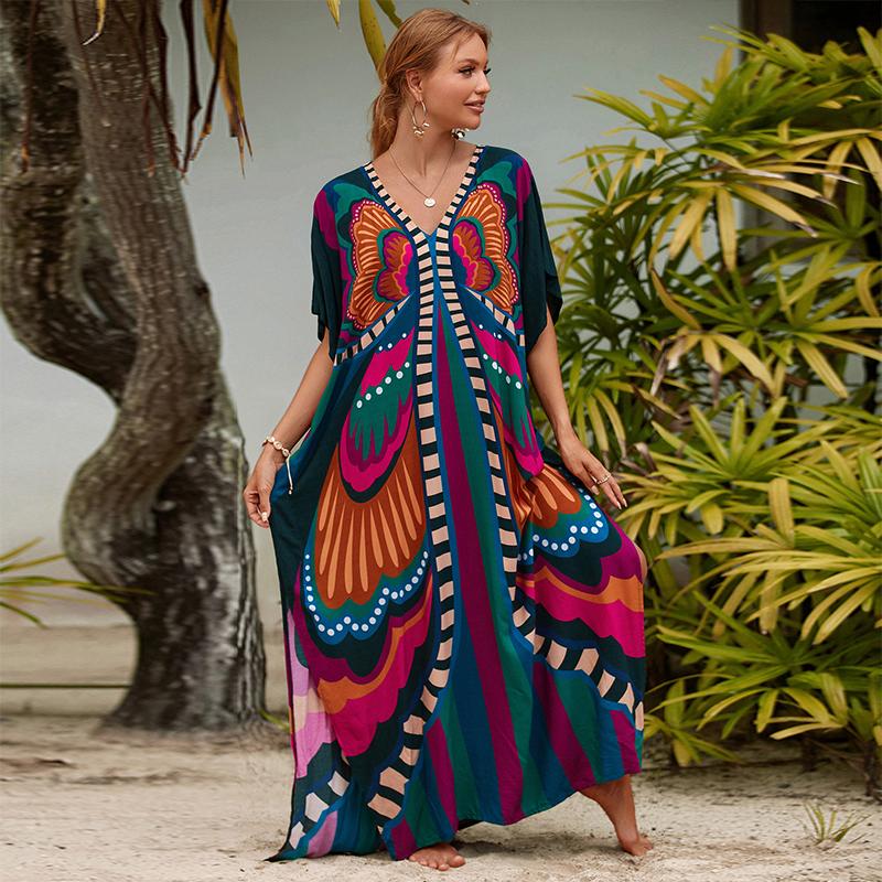 EDOLYNSA Bedruckte türkische Robe mit Fledermausärmeln, Sommer-Tunika, Plus-Size-Bademode, Cover-Up für Damen-Bademode, blaue Kaftan-Kleider, Q1415