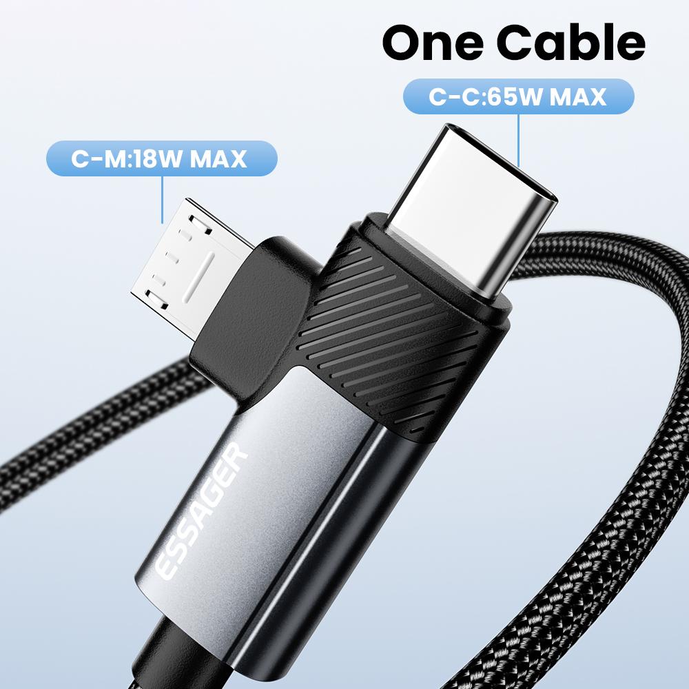 ESSAGER 2m 65W Aluminum Alloy Data Cable 2 in 1 Type-C to Type-C+M Micro Fast Charging Cable