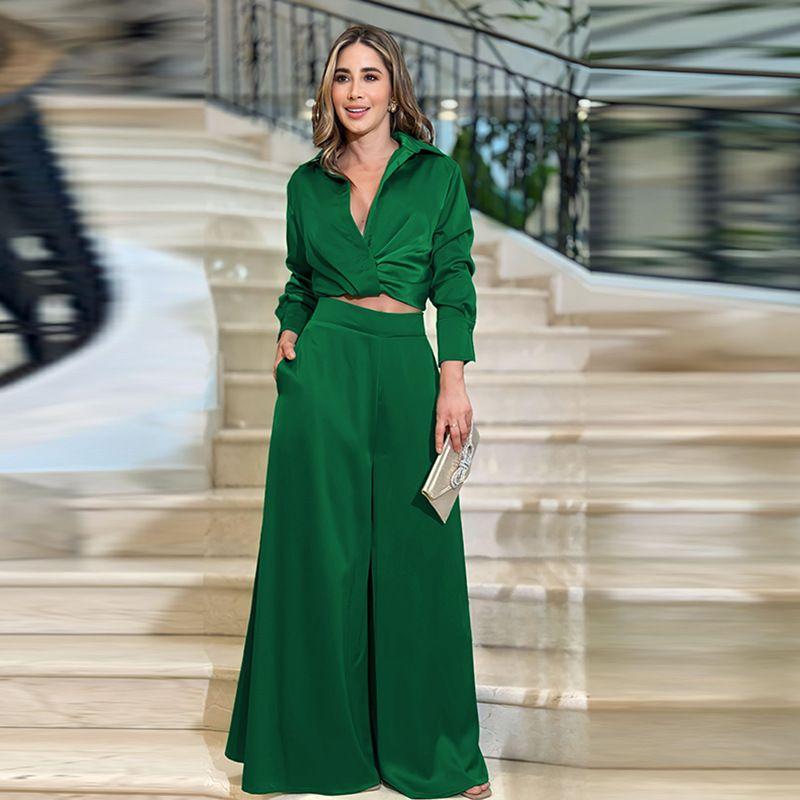 Leisure Set Fashion New Spring and Autumn Women's Clothing Fashion Sexy Pleated Long Sleeves Loose Pants Casual Two-Piece Suit