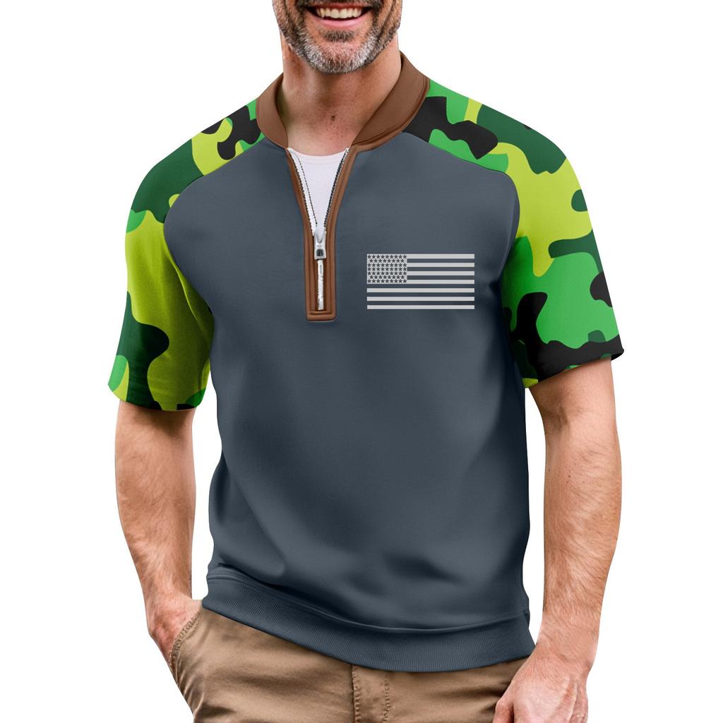 Men's Summer Camouflage Raglan Sleeve Casual T-Shirt Sports Flag Printed Zipper Neck Top