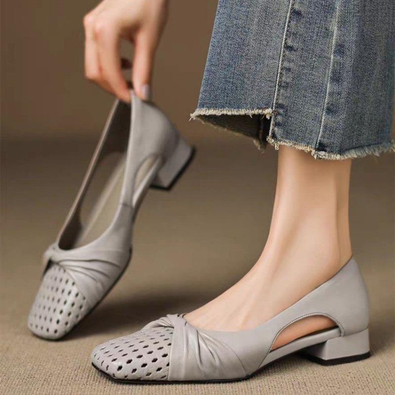Fashion Low Heel Sheepskin Hollow-out Baotou Sandals Women's Xia New Retro Shallow Single Shoes