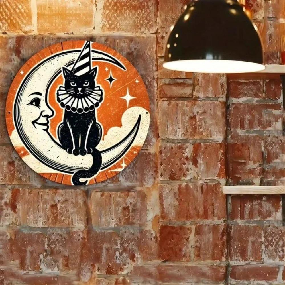 Vintage Cat Moon Halloween Metal Wall Art Sign 8x8 Inch Round Bar Cafe Decor Iron Tin