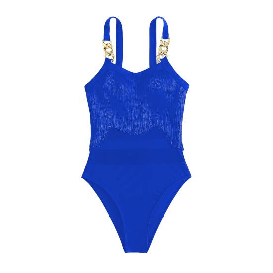 Women Sexy Monokini Sling Sleeveless Tassel Decor Swimsuit Mesh Splicing Backless Design One-piece Bikini