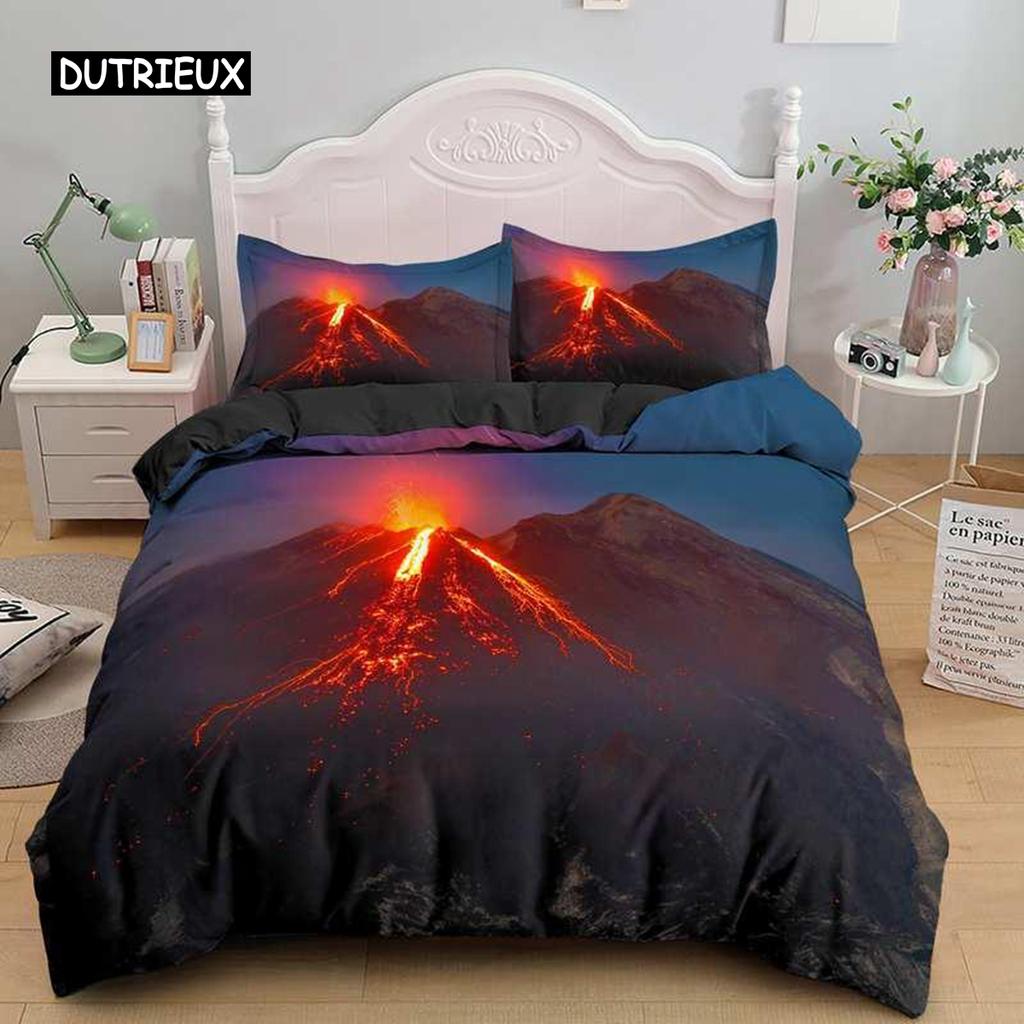 Vulkan-Bettbezug-Set, Kingsize, Katastrophenmuster, rot-gelb, Bettbezug, Mikrofaser, Lava-Bettwäsche-Set für Erwachsene, Jungen, Männer, Teenager