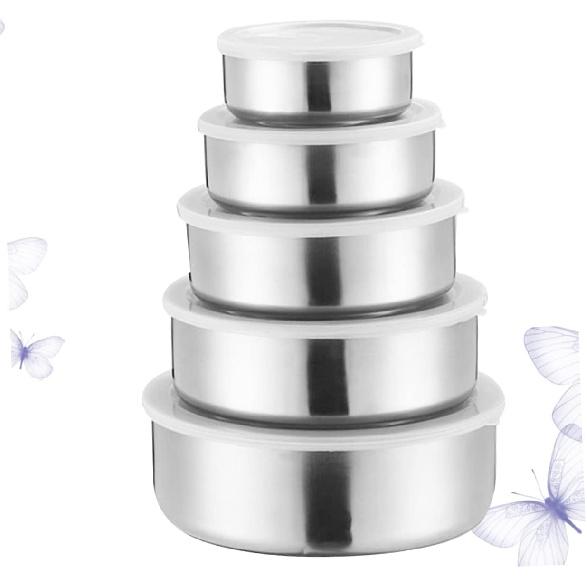 5 Set of Stainless Steel Fresh-Keeping Boxes with Lids, Round Sealed Bowls,Used to hold fruits, vegetables, and snacks kitchen accessories