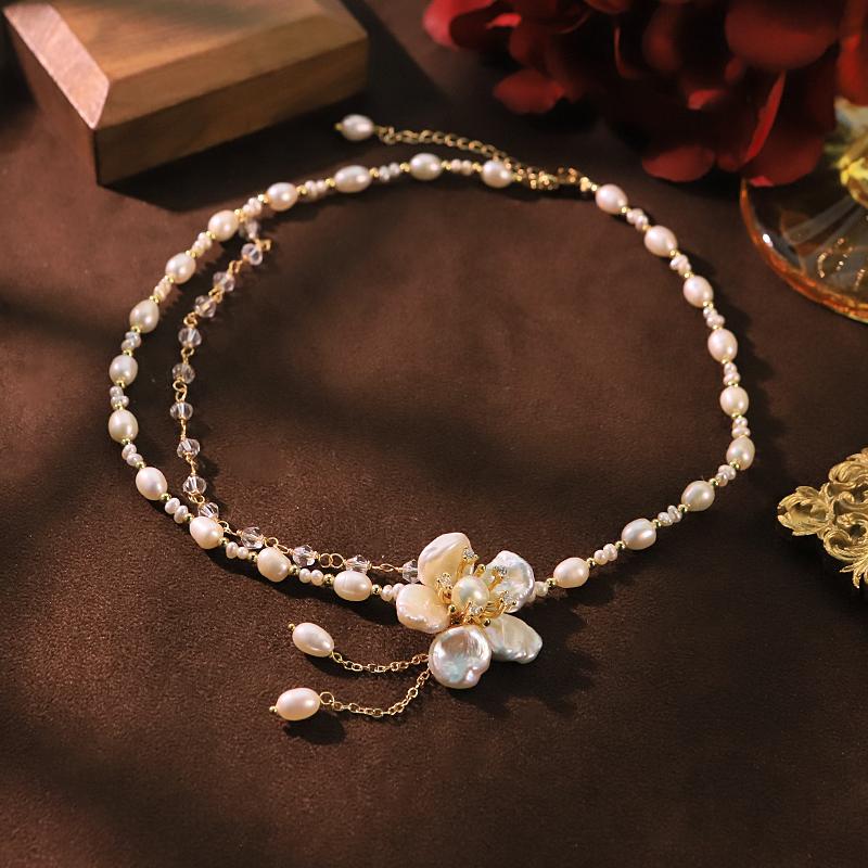 GLSEEVO Natural Freshwater Pearl Flower Necklace for Women Wedding Bridal Engagement Party Pearl Floral Necklace Dainty Jewelry