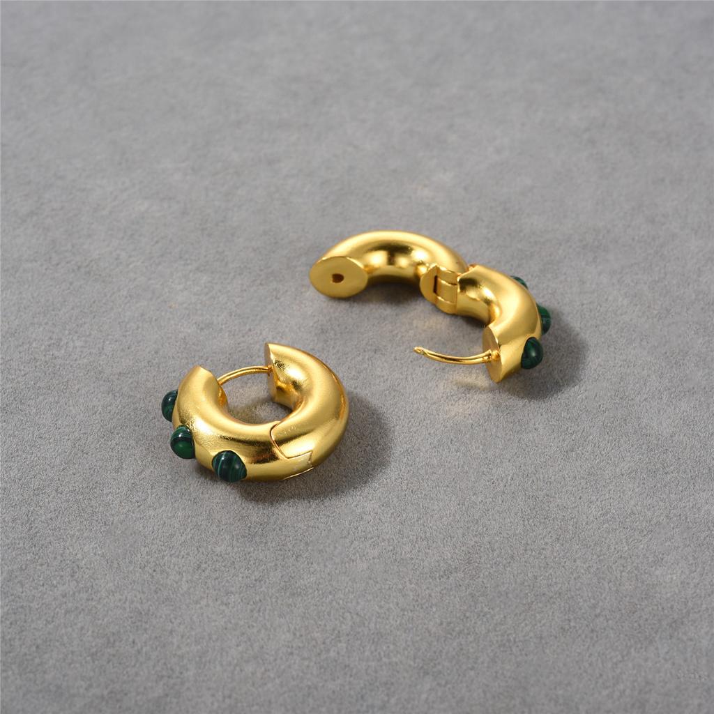 Orecchino a Cerchio Placcato Oro 18K Reale con Intarsio di Malachite Moda Personalità Tendenza Semplice Temperamento Orecchini Donna