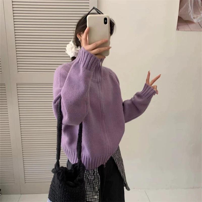 Korean Style Loose Knit Cardigan with Stand Collar and Double Zipper - Casual Short Jacket for Women