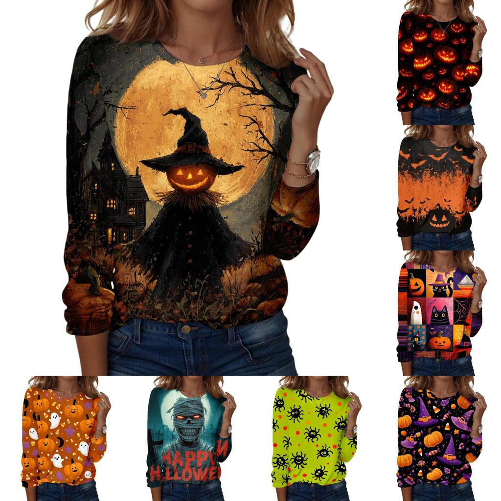 Women's Halloween Print Pullover Sweatshirt Long Sleeve Crewneck Top Casual Loose Fit Lightweight Pullover