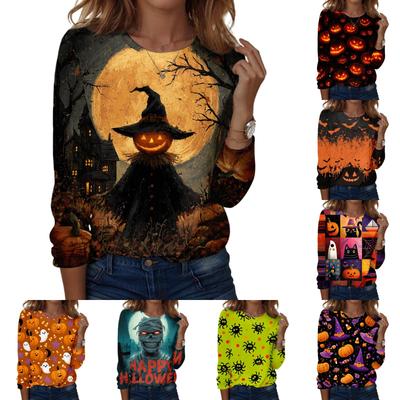 Women's Halloween Print Pullover Sweatshirt Long Sleeve Crewneck Top Casual Loose Fit Lightweight Pullover